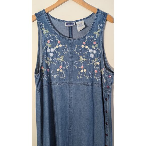 Erika & Co Womens Vtg Denim Embroidered Jumper Dress L Cottagecore Prairie Midi - Picture 2 of 7